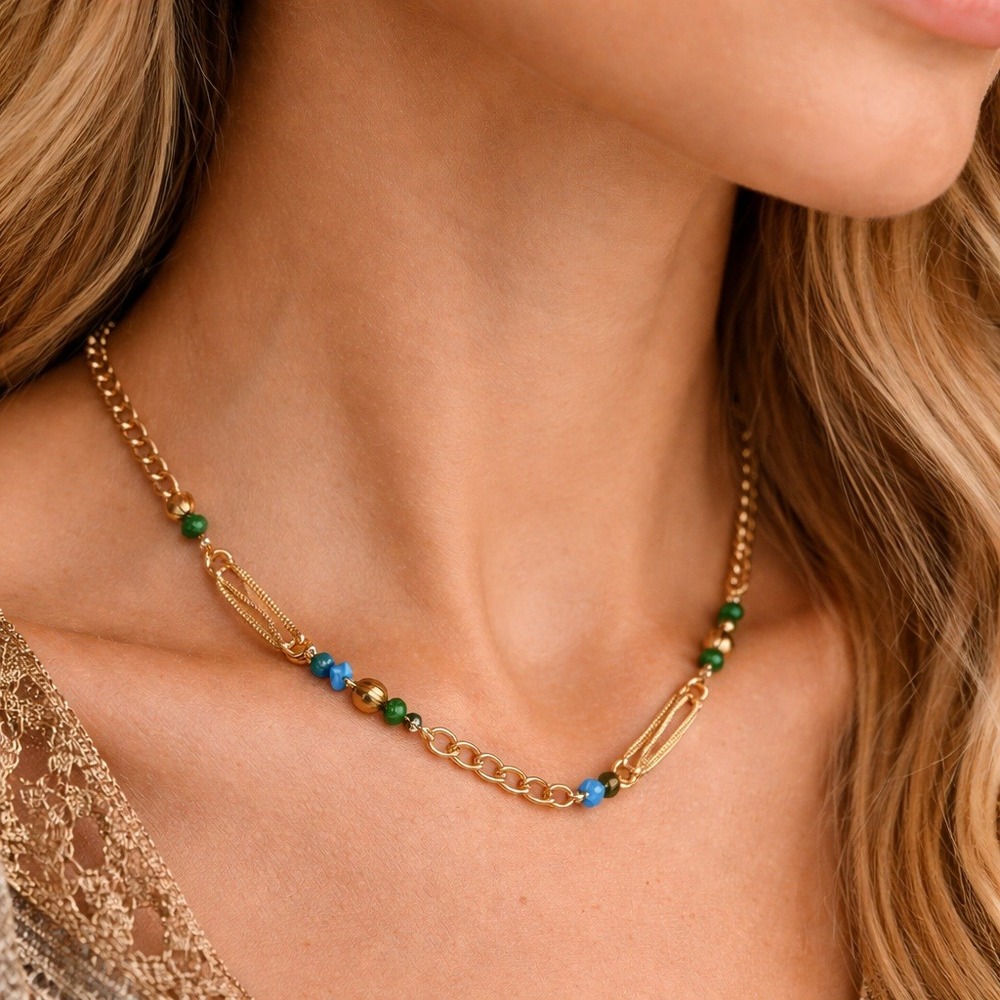 Y2K Gold Tone Station Necklace Blue Green Glass Beads Boho Layering Chain 22"